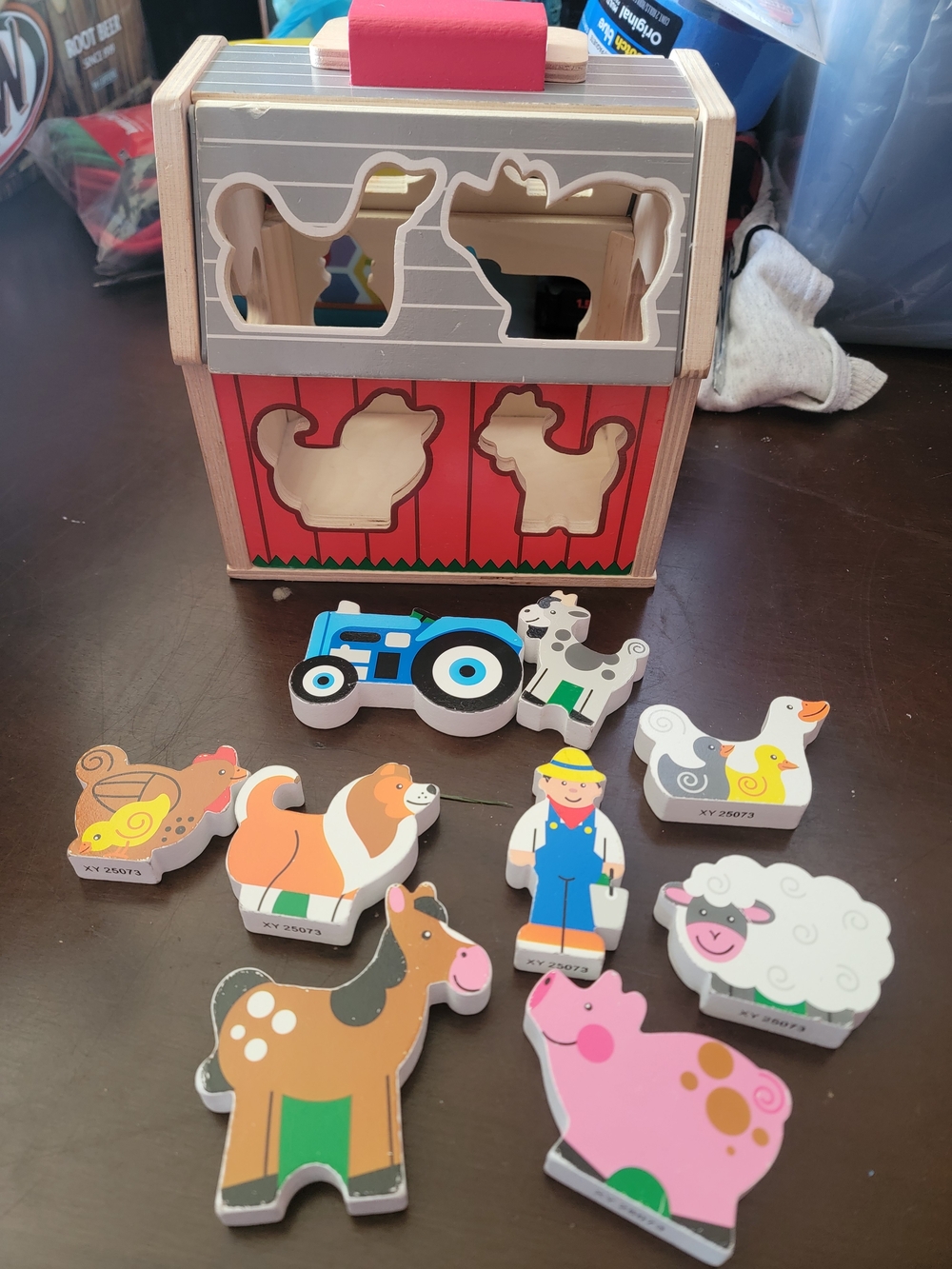 Wooden Farm Animal Shape Sorter Playset - Red